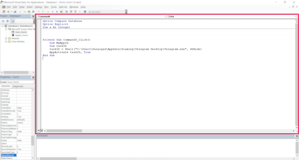 پنجره برنامه نویسی (Programming Window) ویرایشگر کد VBA 