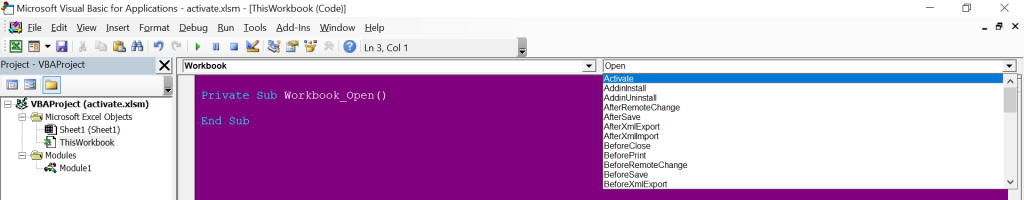 ایجاد ماکروی رخداد Activate کاربرگ در VBA