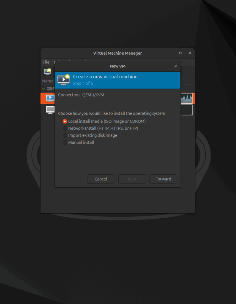 The first step of the new virtual machine creation wizard in Virtual Machine Manager, where the "Local install media" option is selected for OS installation.